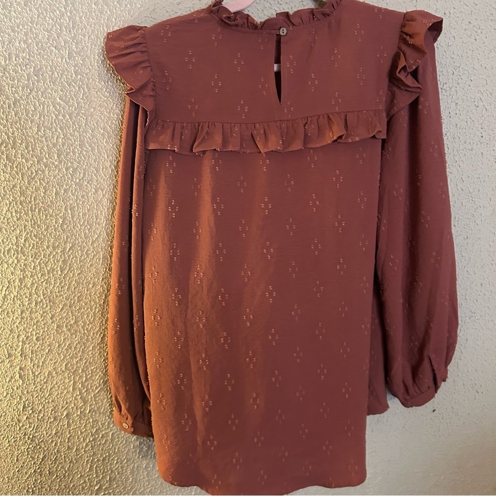 JODIFL Brown Ruffled Long Sleeve Blouse Size L Chic Business Casual Office - Picture 3 of 6